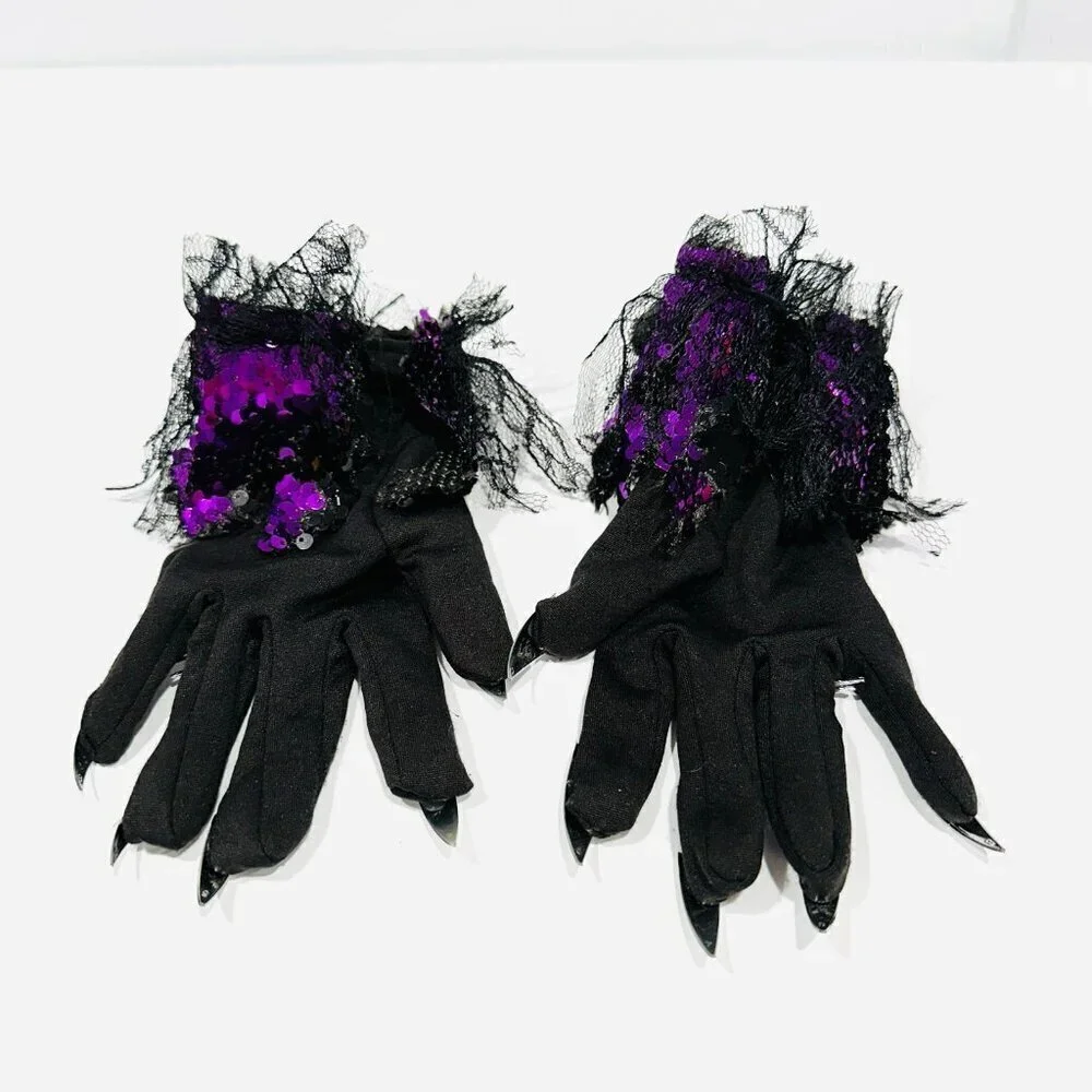 Witch Gloves Black w/ Chrome Nails, Spider Rings & Purple Sequins Costume - Picture 5 of 5